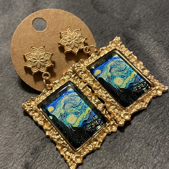Starry Night Van Gogh Gold Framed Pierced Earrings Absolute Gorgeous! - Picture 7 of 8